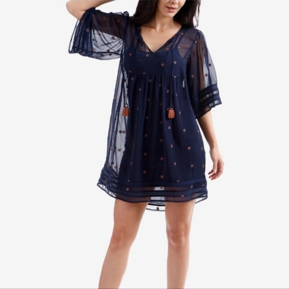 Lucky Brand Embroidered Tassel Peasant Dress, Navy, Pink